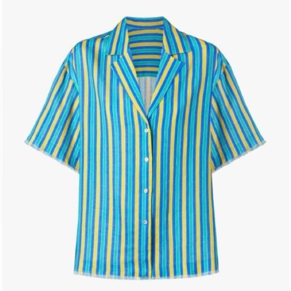 SIMONMILLER x Mango 100% Linen Striped Short Sleeve Button-Up Shirt